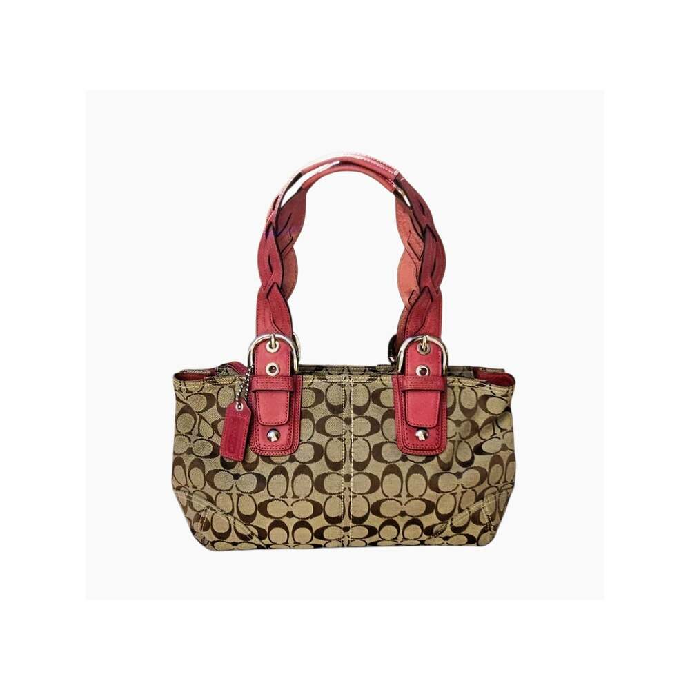 Coach F11663 Signature C Jacquard Satchel Brown Tan Pink Braided Leather Y2K Bag